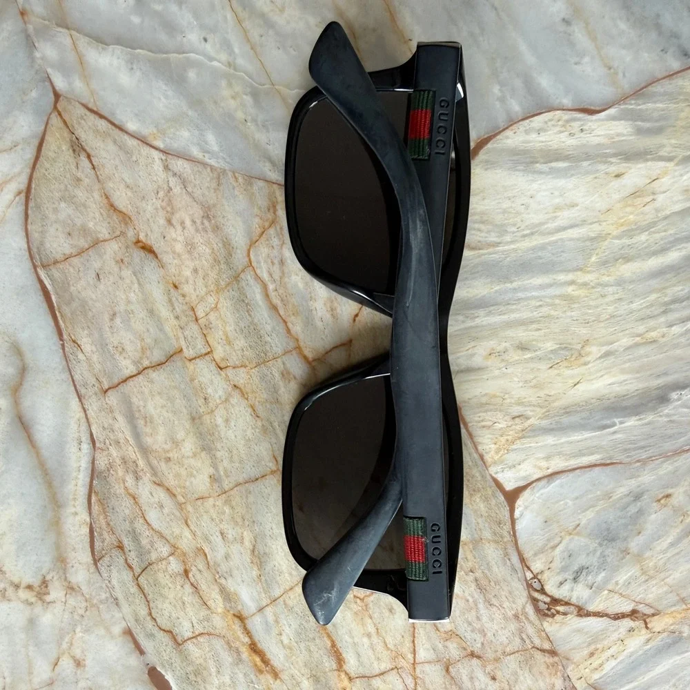 Gucci Black Rectangular Sunglasses Made in Italy‎ with Green Red Stripe Detail